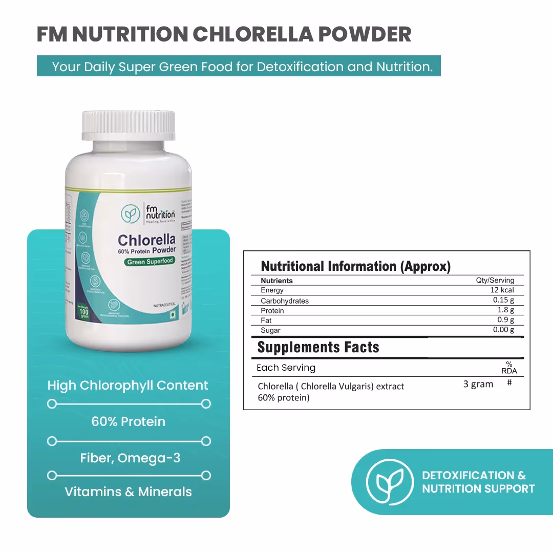 An artboard of FM Nutrition Chlorella Powder featuring its ingredients and benefits.