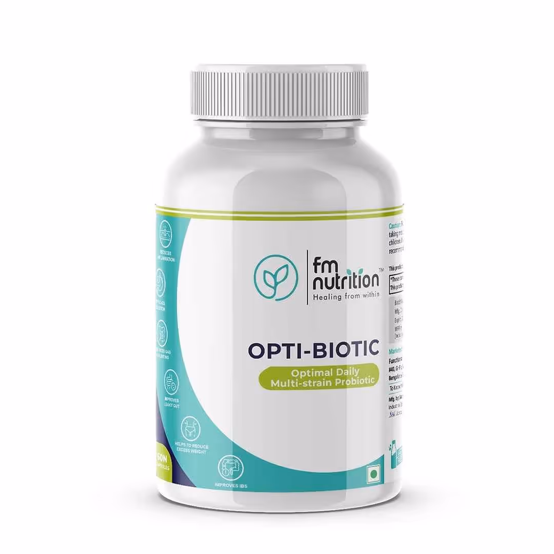 The box of FM Nutrition Opti-Biotic capsules.