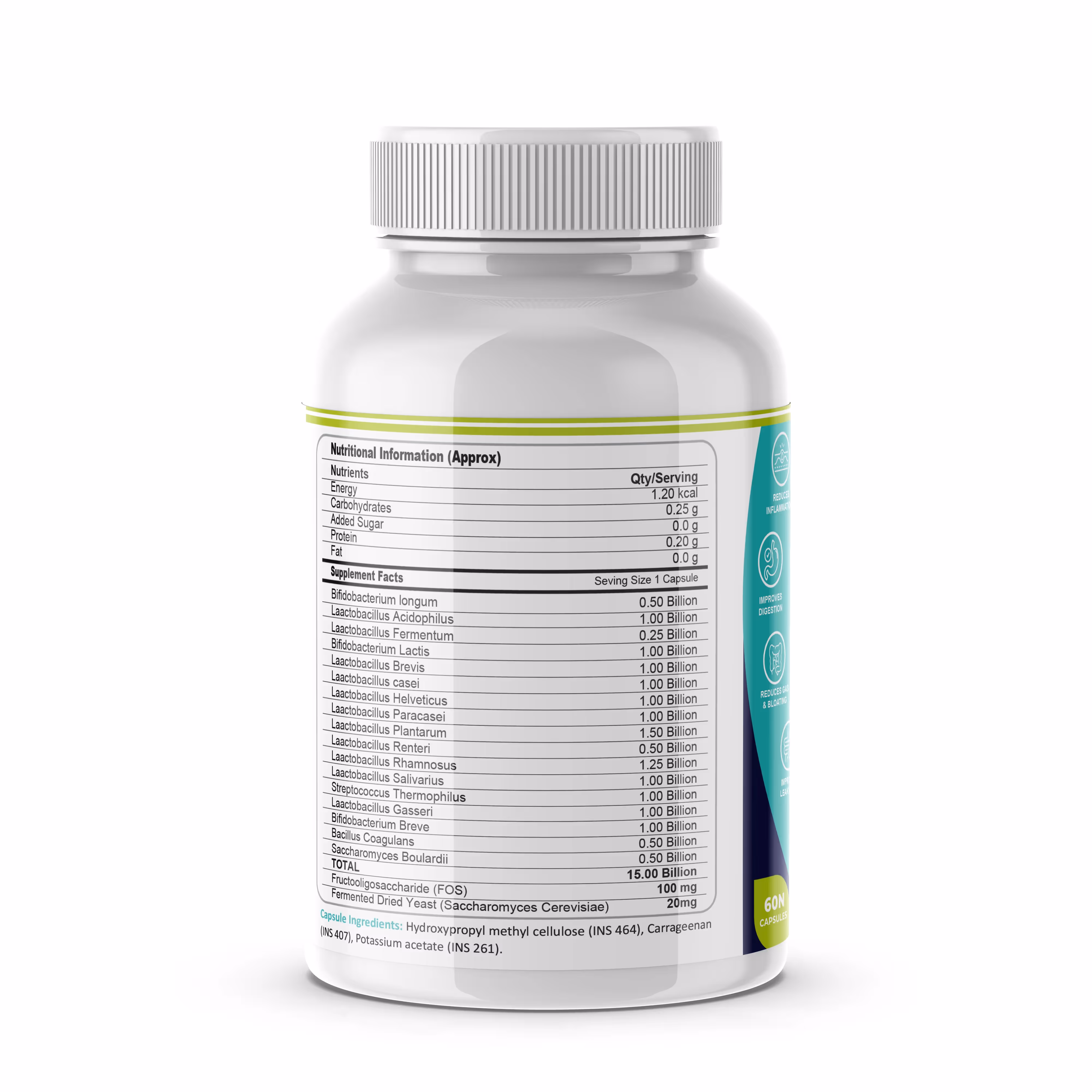 The back cover of FM Nutrition Opti-Biotic capsules box featuring its ingredients.