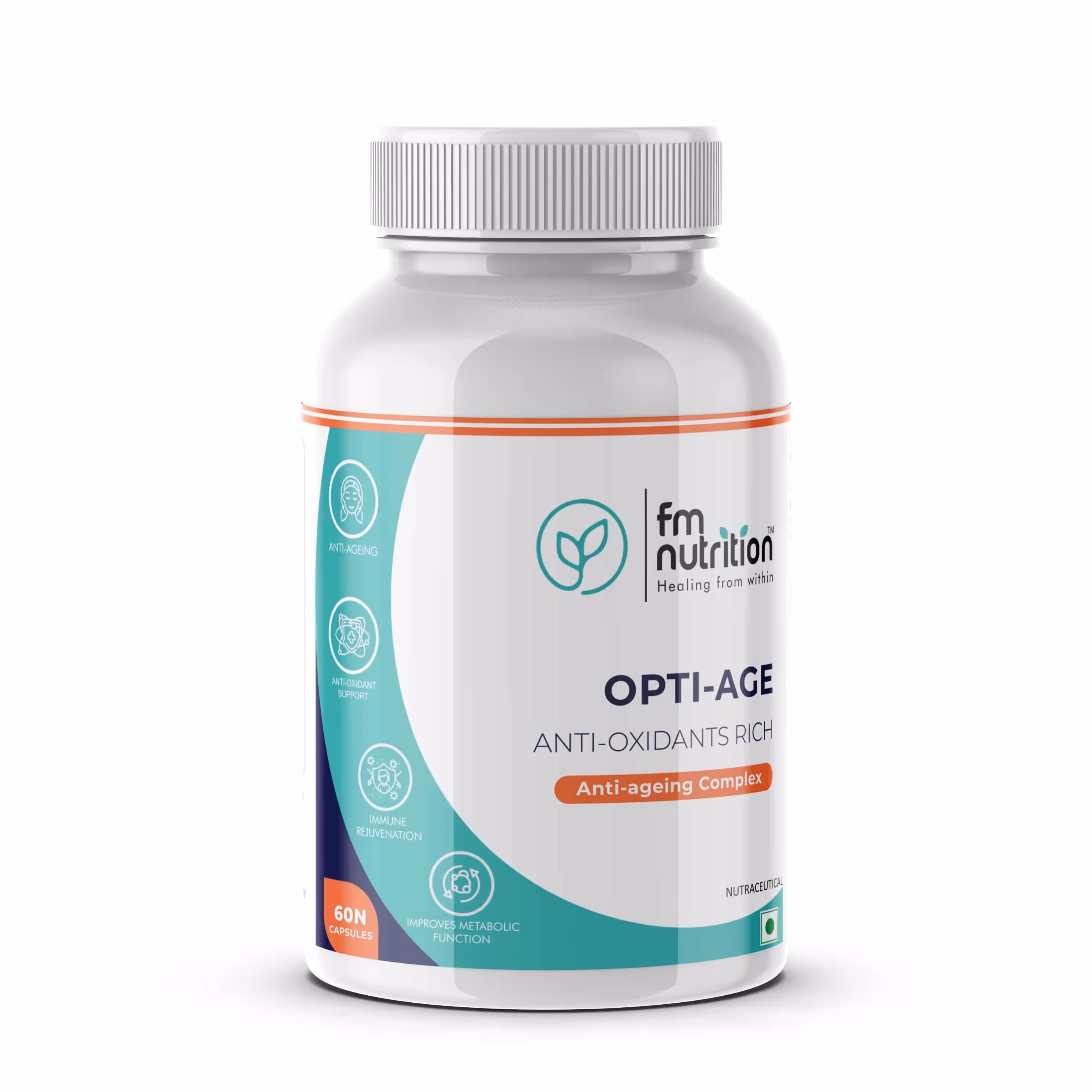 A box of FM Nutrition Opti-Age capsule enlisting its benefits.