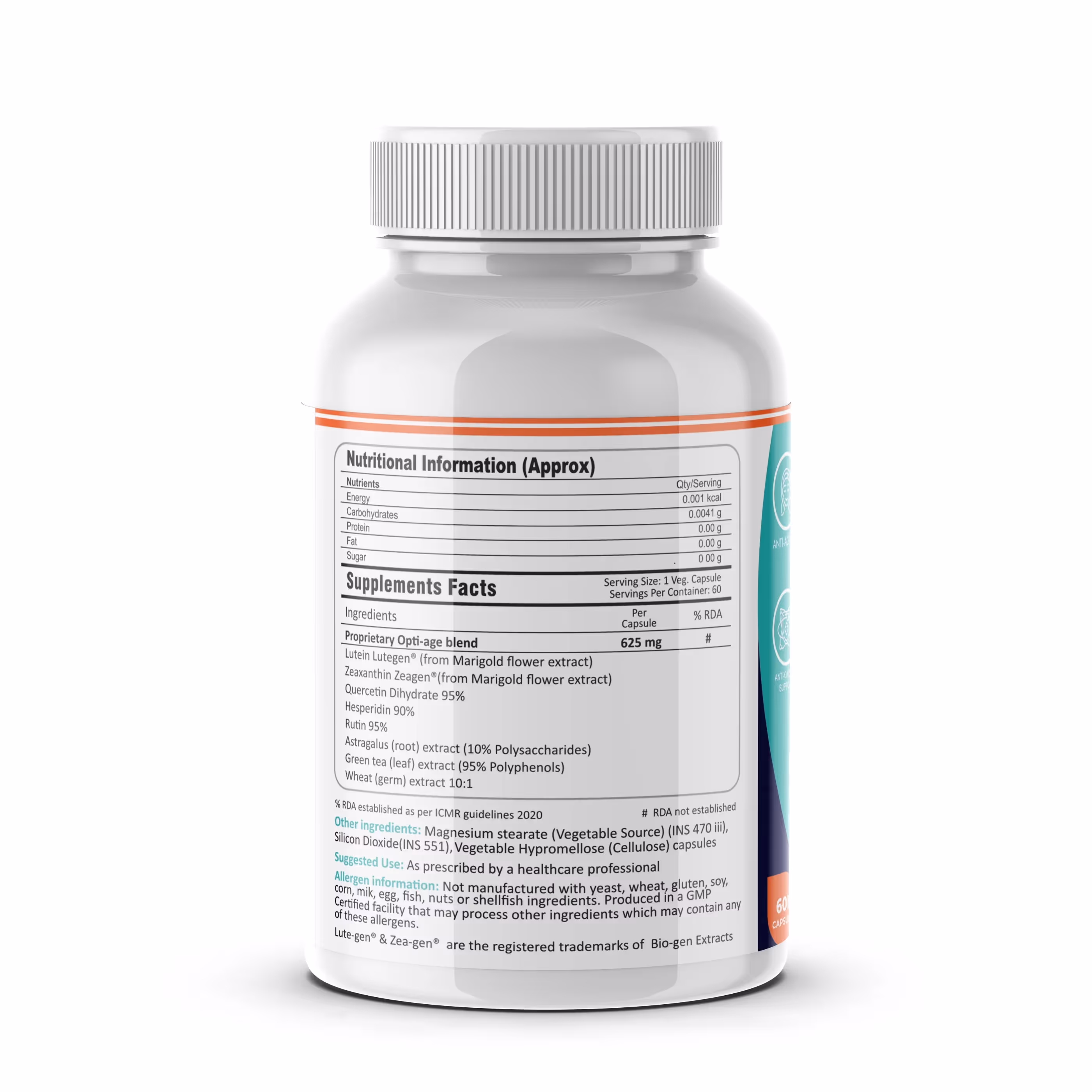 The back cover of FM Nutrition Opti-Age capsules box featuring its ingredients.