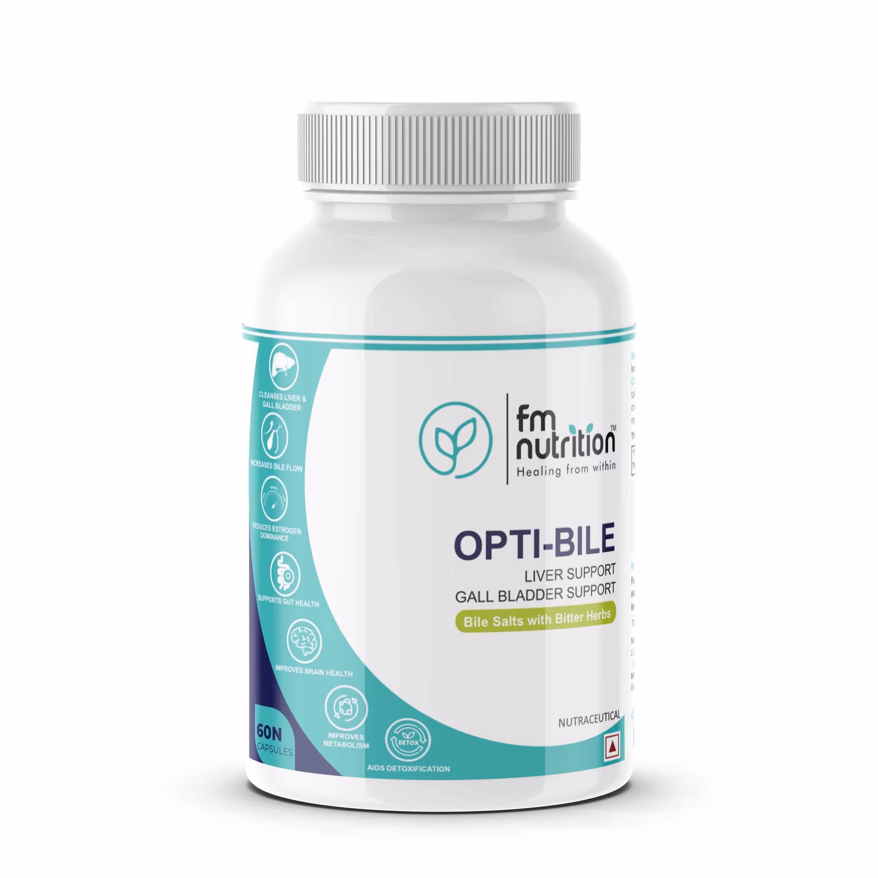A box of FM Nutrition Opti-Bile capsules featuring its benefits.