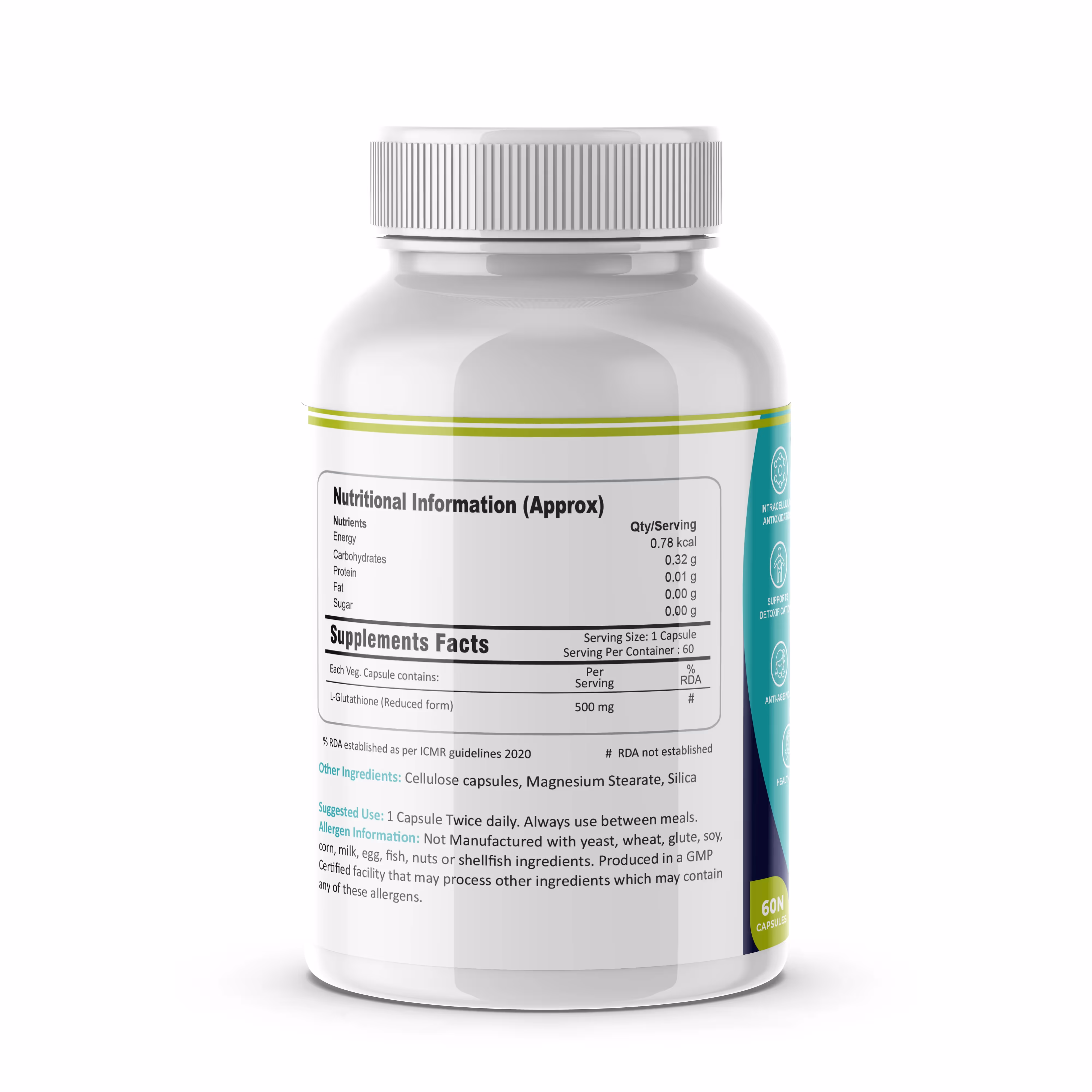 The back cover of FM Nutrition Opti-Glutathione 500mg capsule box enlisting its ingredients.