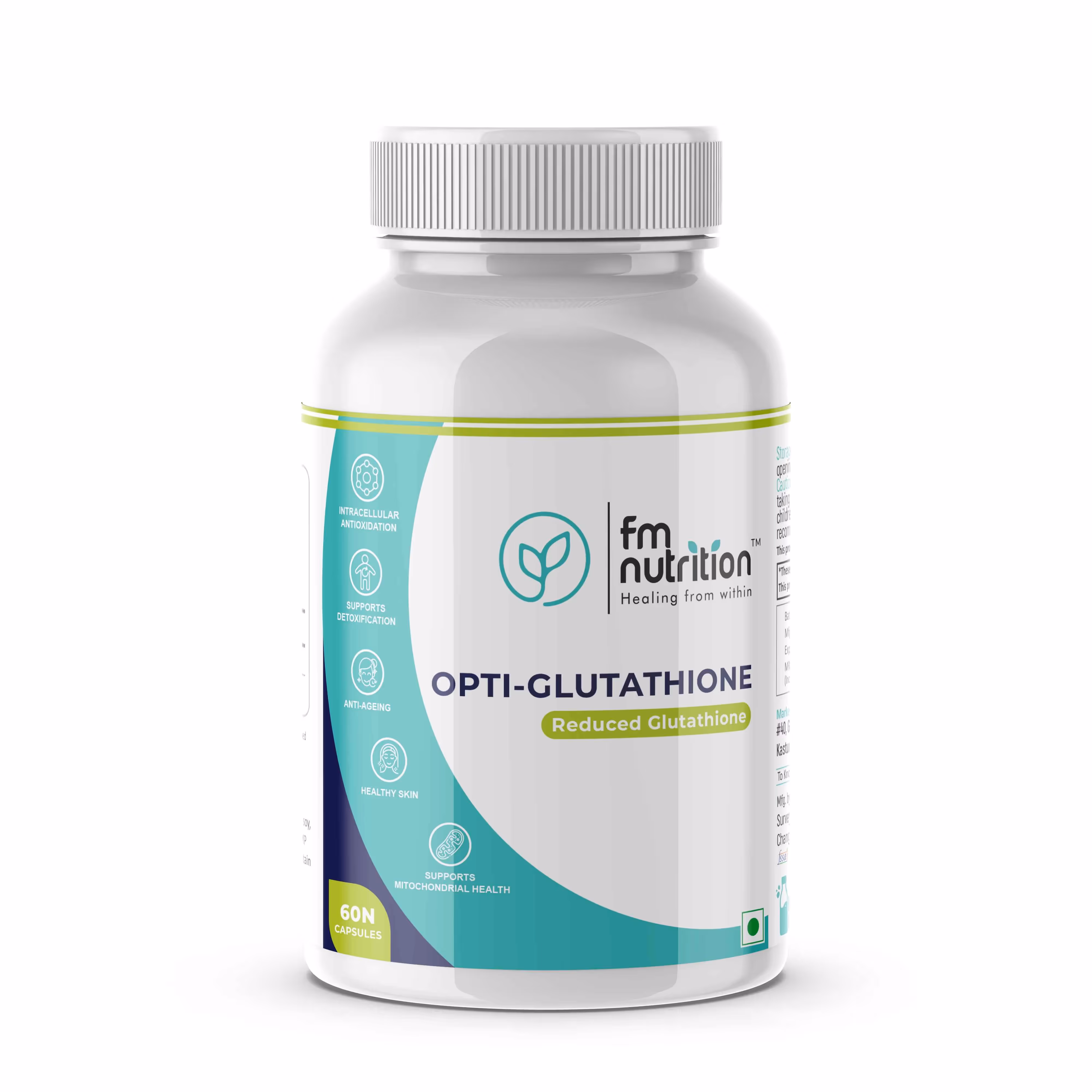 A box of FM Nutrition Opti-Glutathione 500mg capsules featuring its benefits.