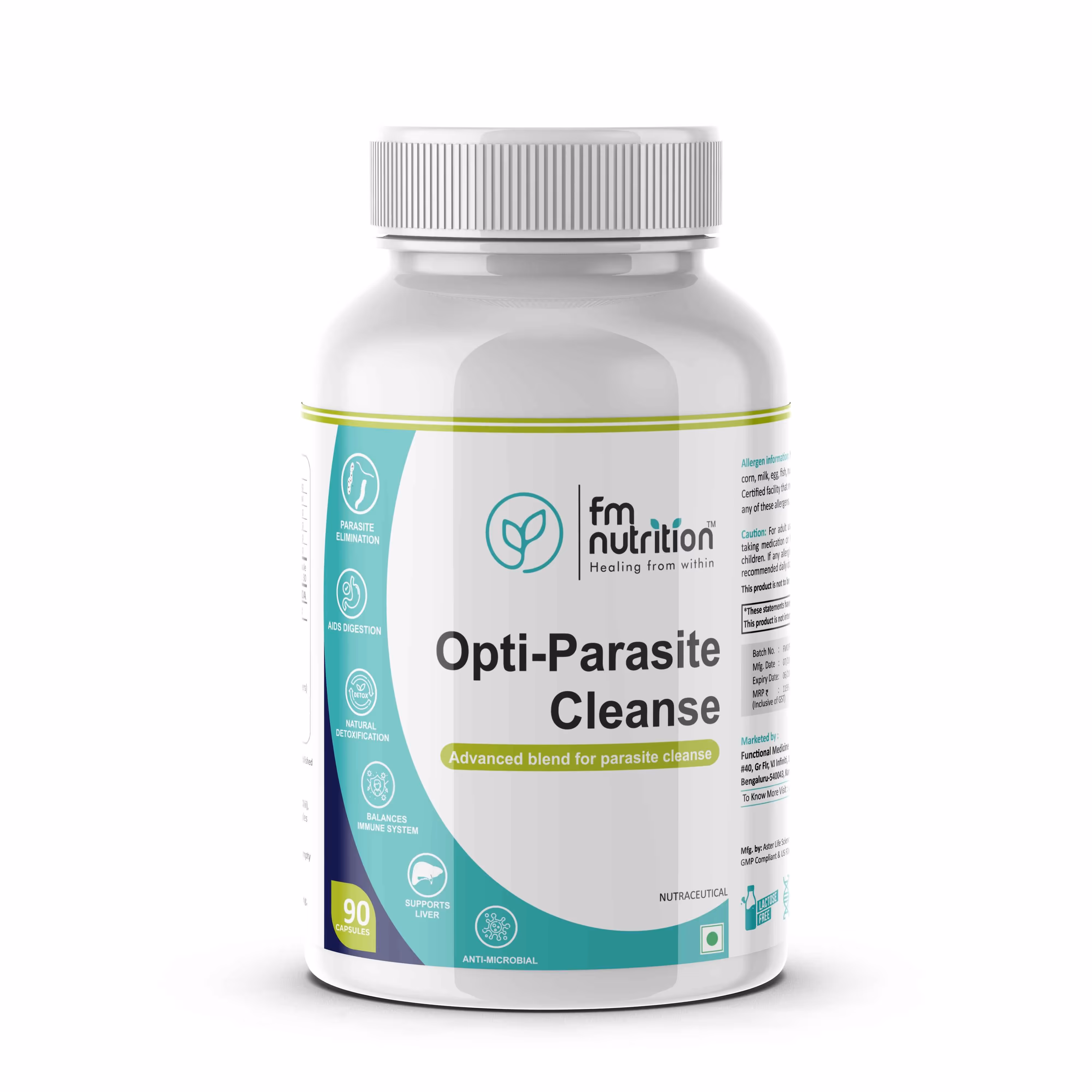 The box of FM Nutrition Opti-Parasite Cleanse capsules featuring its benefits.