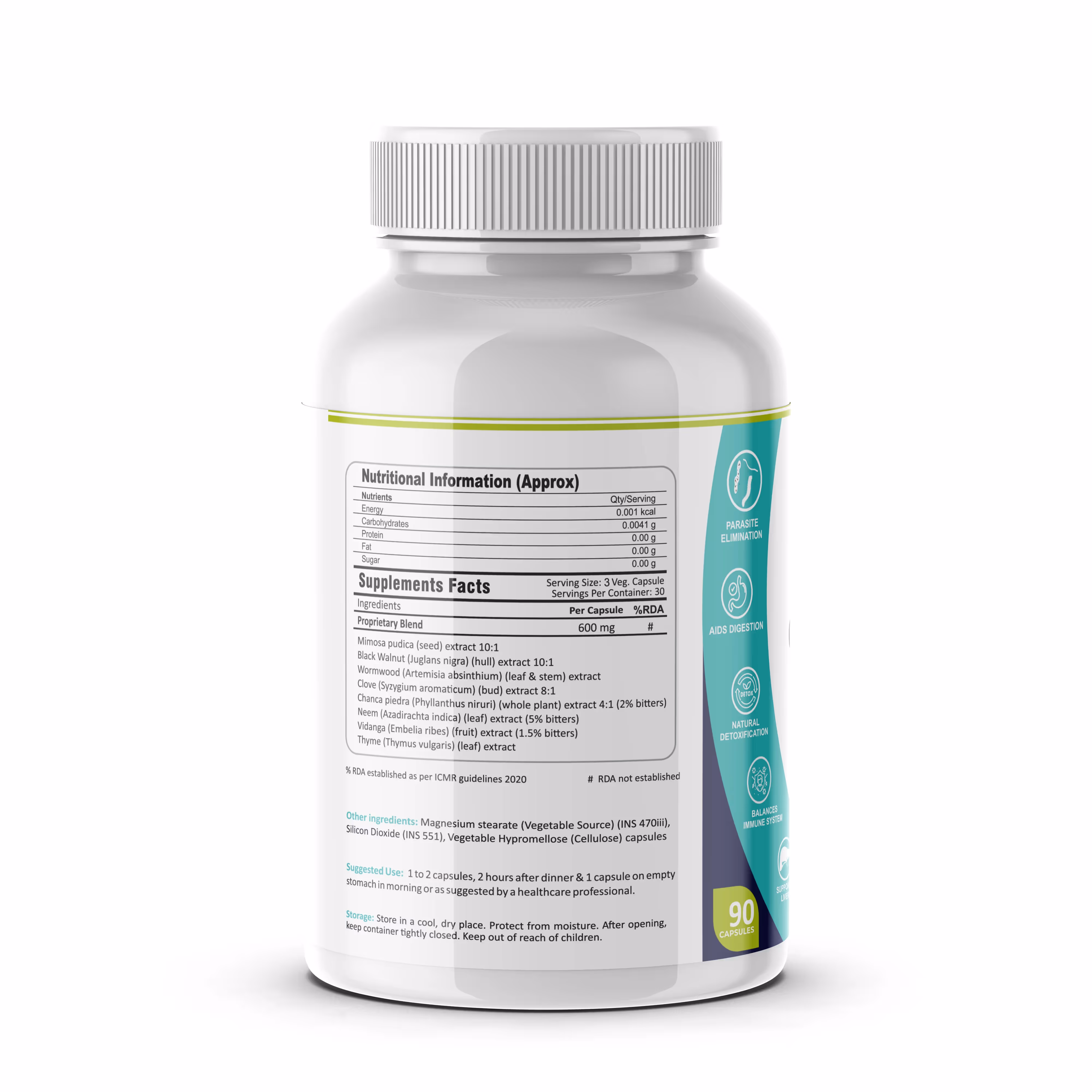 The back cover of FM Nutrition Opti-Parasite Cleanse capsule box enlisting its ingredients.