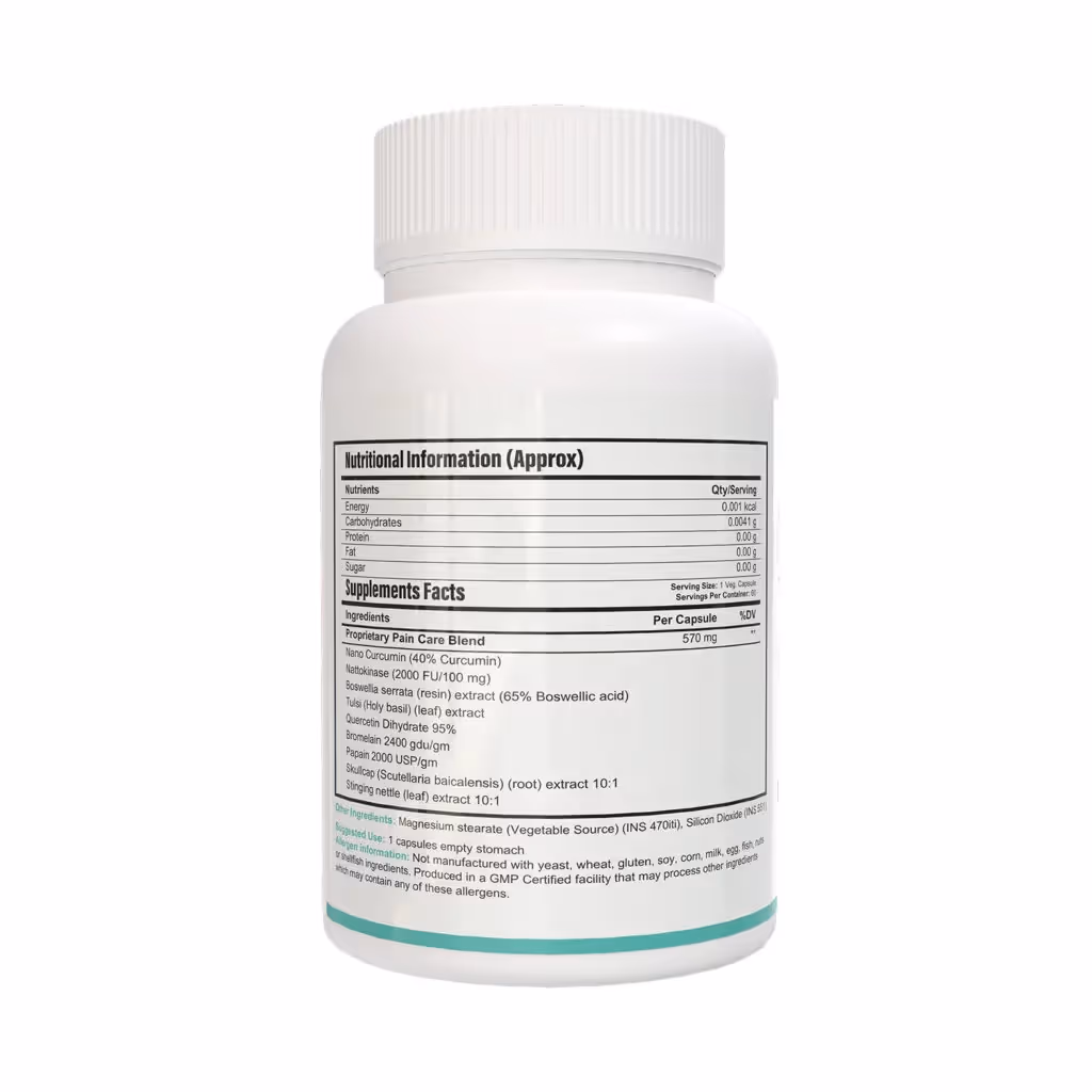 The back cover of Pain Care box featuring its ingredients.