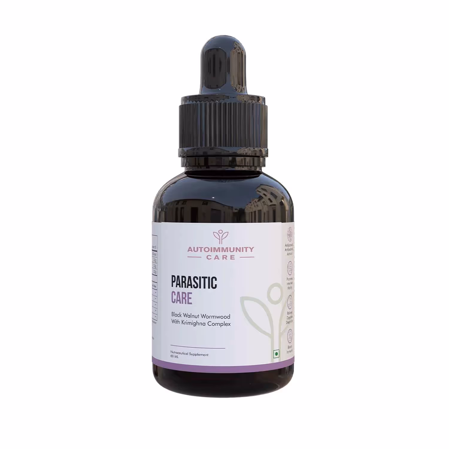 A 60 ml of Parasitic Care glass bottle with dropper cap.