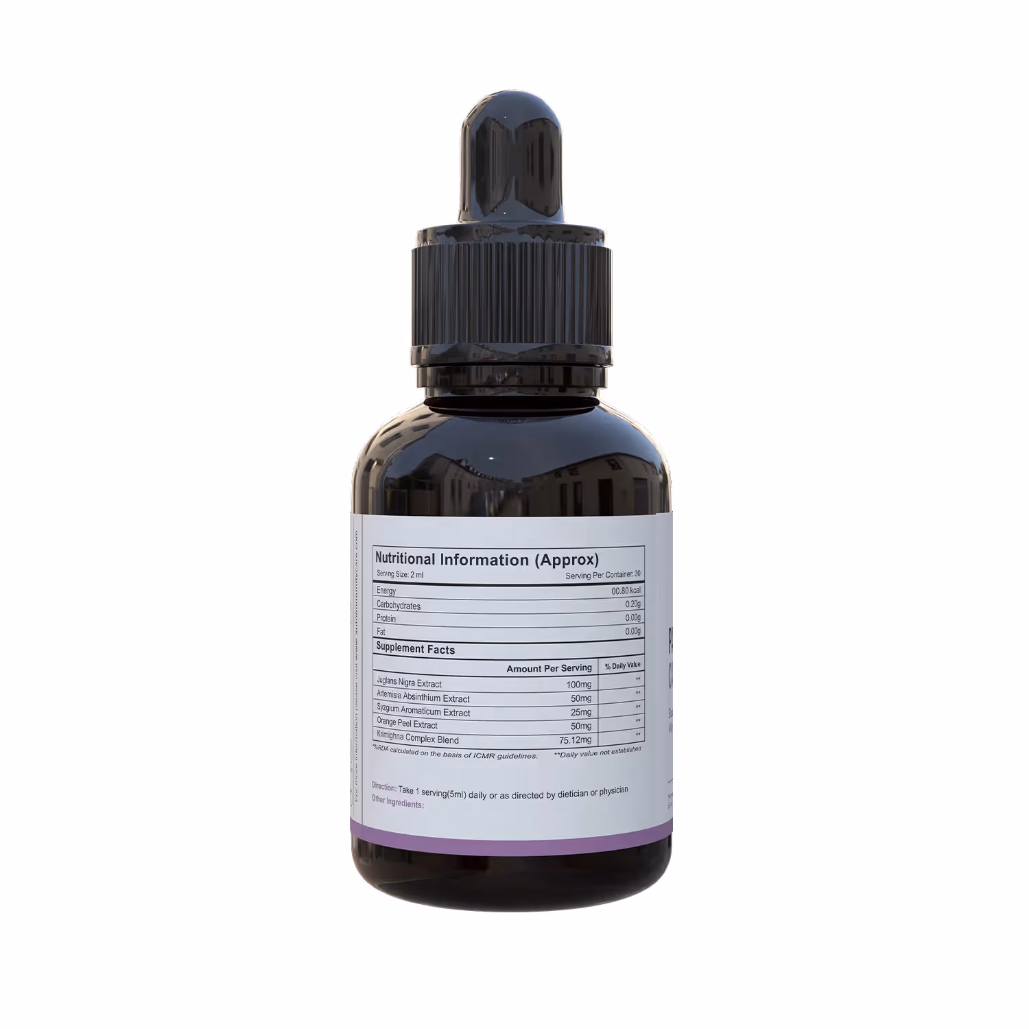 The back cover of Parasitic Care glass bottle featuring its ingredients.