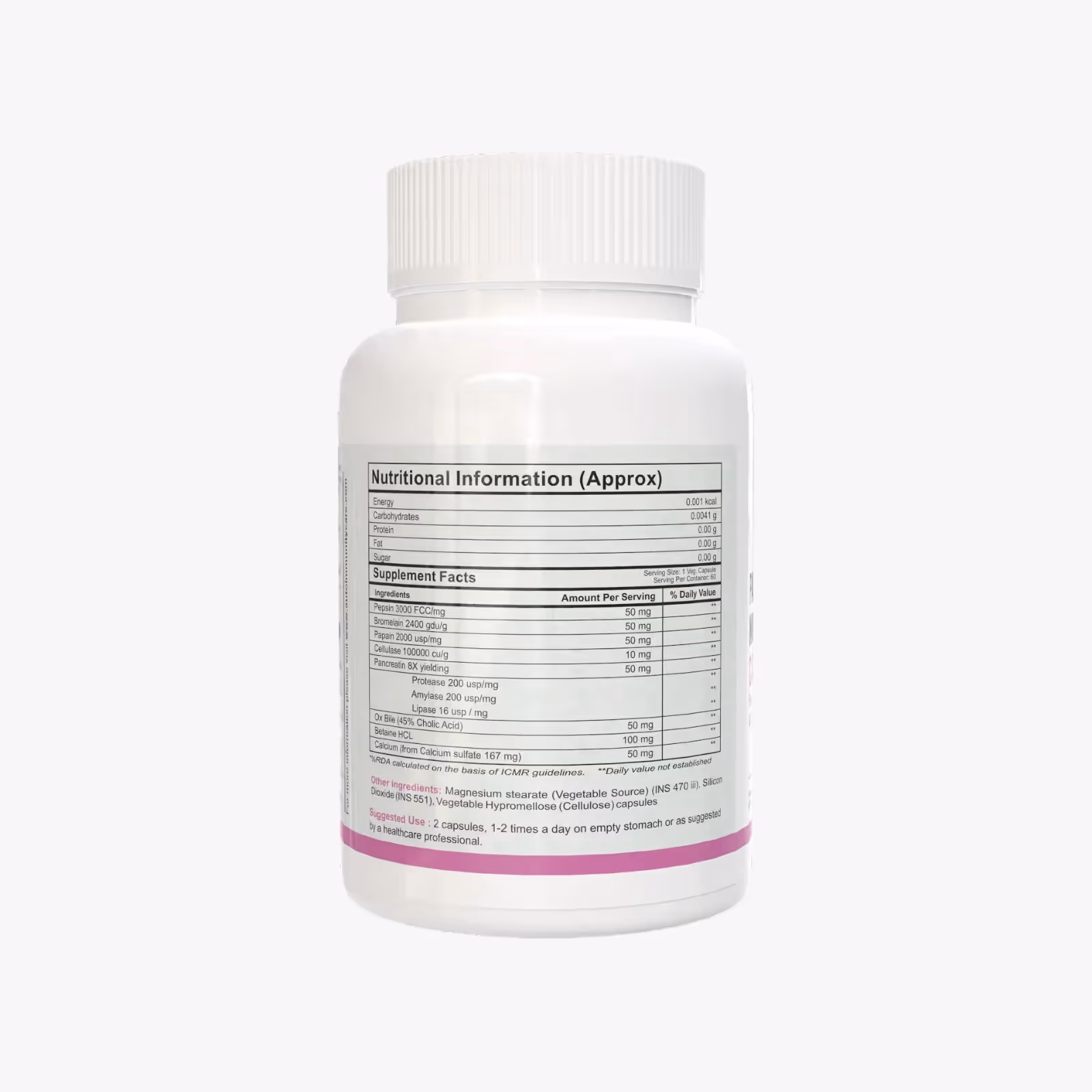 The back cover of Pancreatic Multi-Enzyme Care capsule box featuring its ingredients.