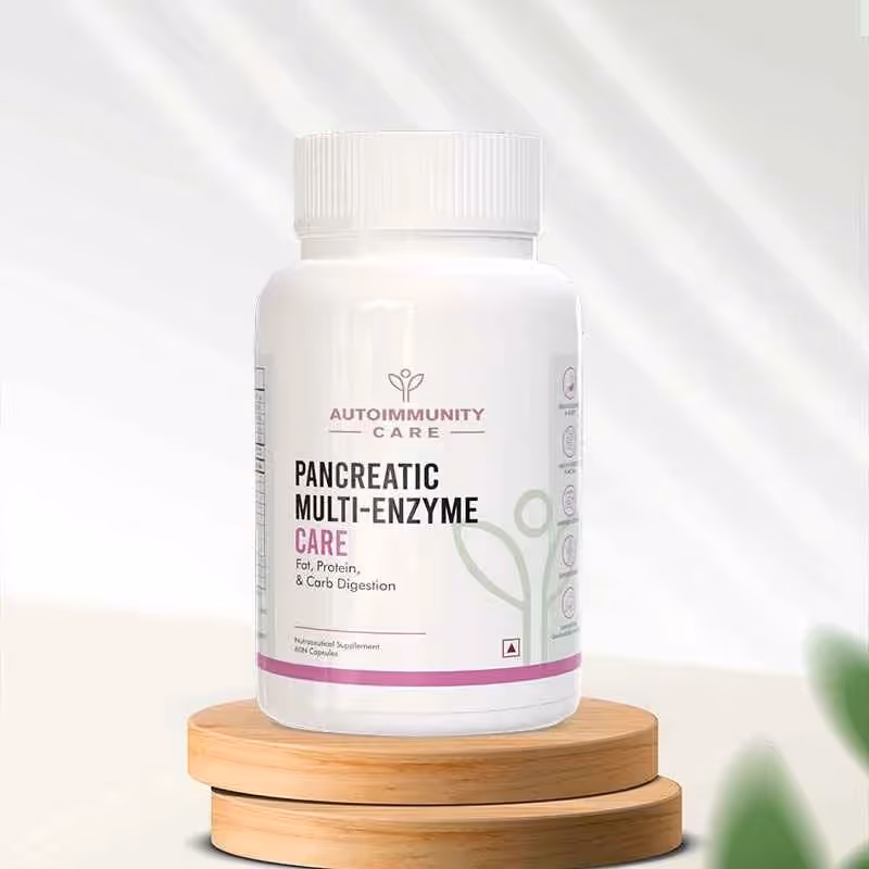 A box of Pancreatic Multi-Enzyme Care capsules.