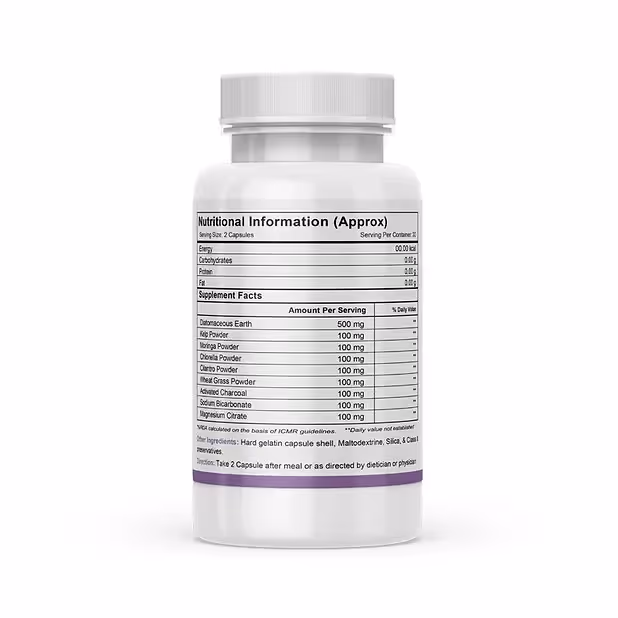 The back cover of Toxin Cleanse Care capsule box featuring its ingredients.