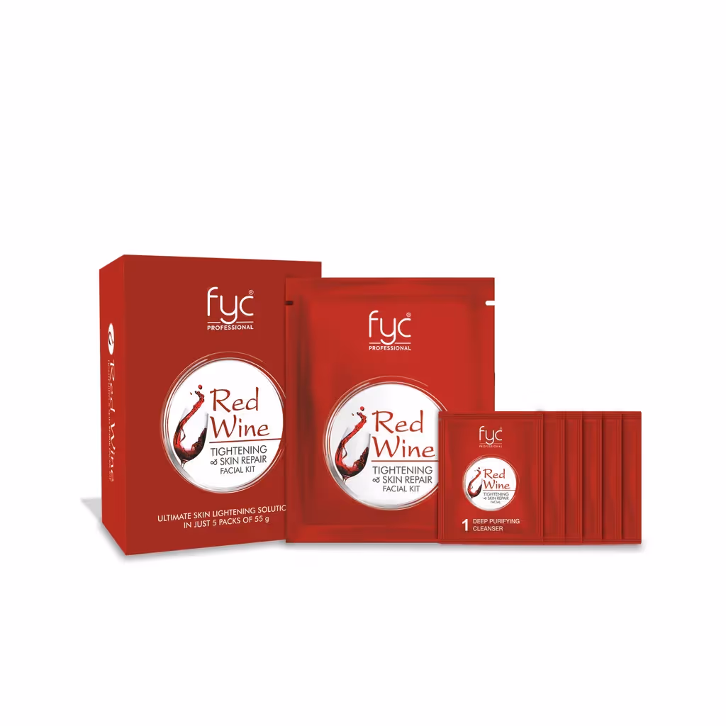 A box of fyc Red Wine Tightening & Skin Repair Facial Kit with its individual packet.