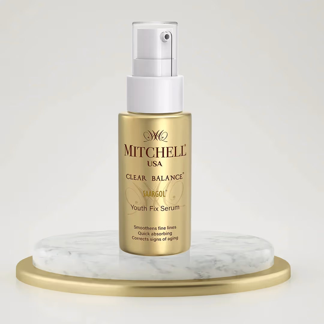 A pump bottle of Clear Balance SAARGOL Youth Fix Serum.