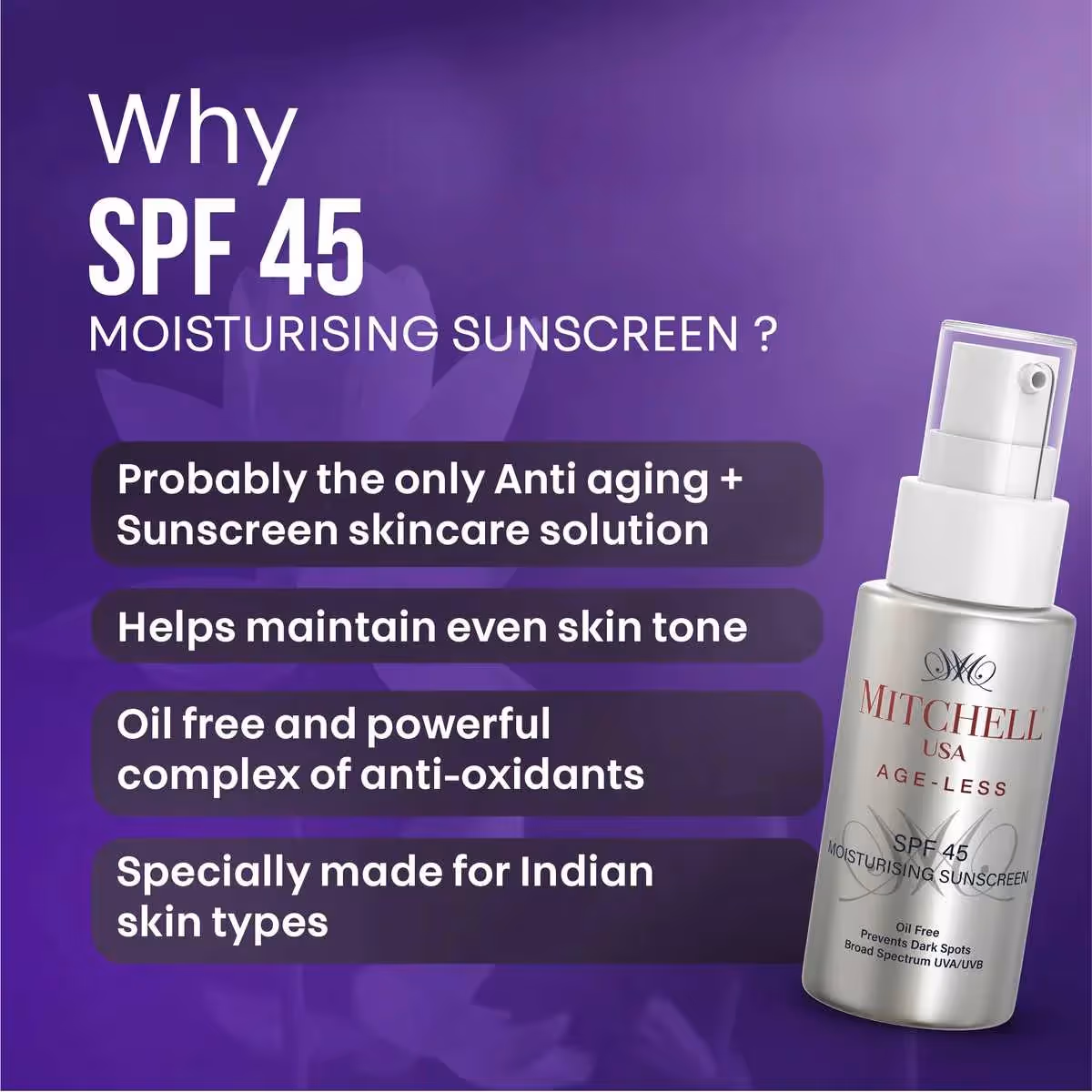 An artboard of AGE-LESS SPF 45 Moisturising Sunscreen explaining its benefits.