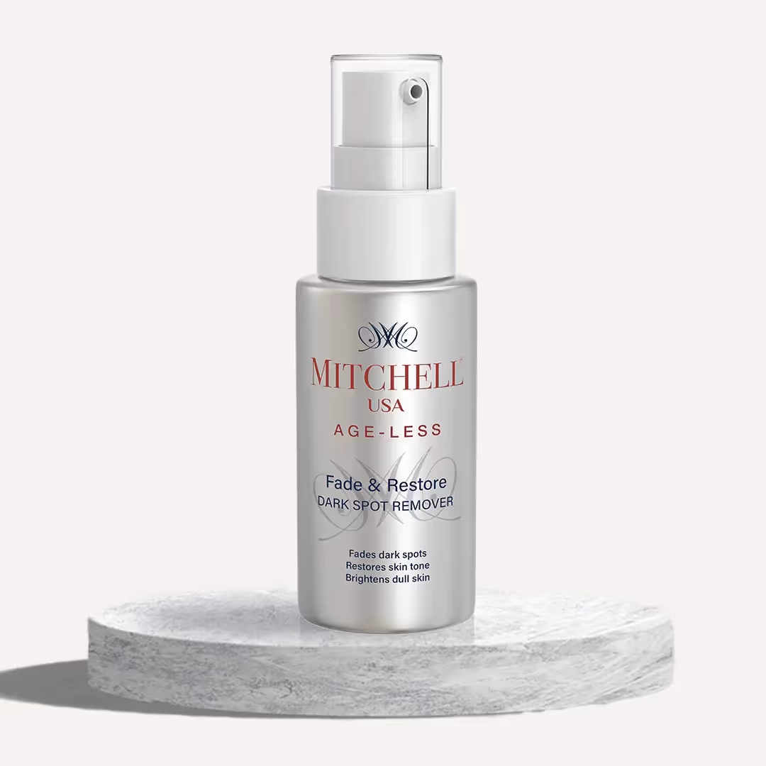 A pump bottle of AGE-LESS Fade & Restore Dark Spot Remover.