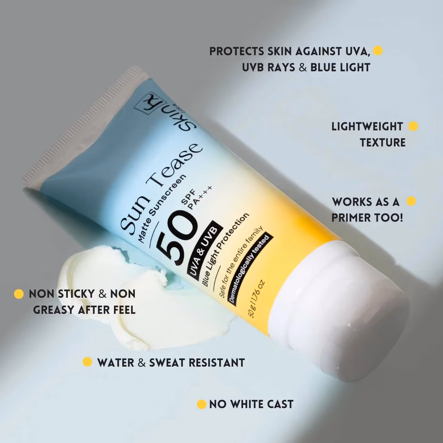 An artboard of Sun Tease Matte Sunscreen enlisting its unique features.