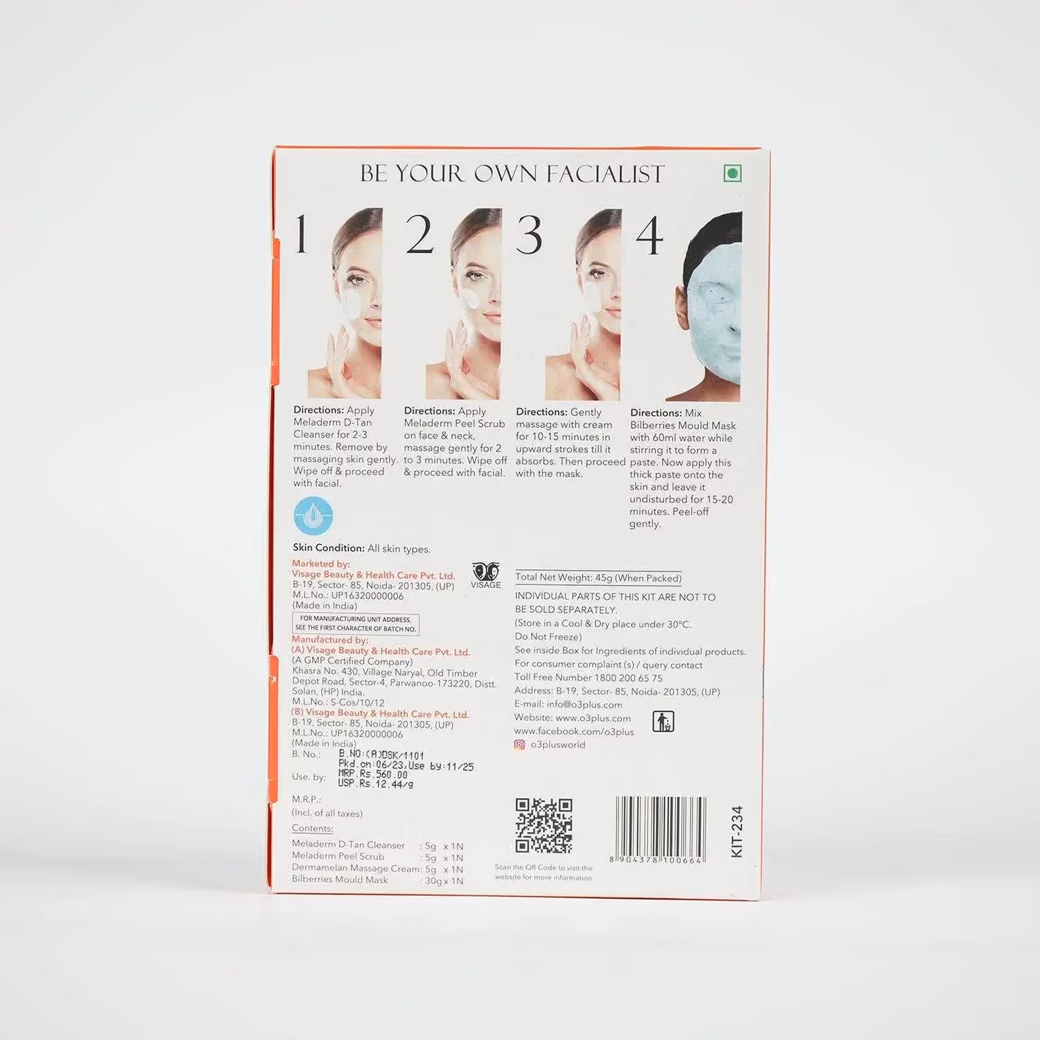 The back cover of O3+ D-Tan Facial Kit packet featuring its direction of use & ingredients.