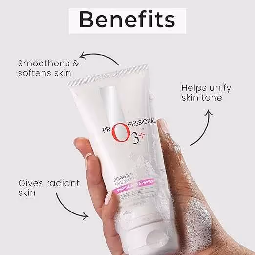 An artboard of O3+ Brightening & Whitening Face Wash tube featuring its ingredients.