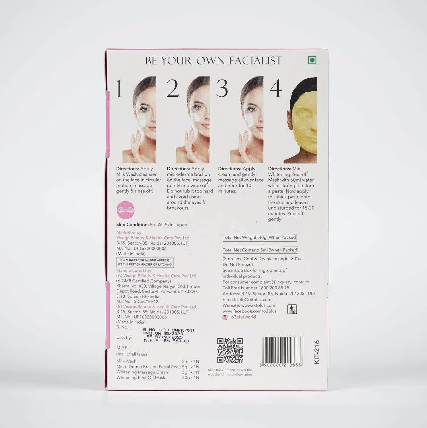 The back cover of O3+ Brightening Facial Single Dose Kit featuring its direction of use and its ingredients.