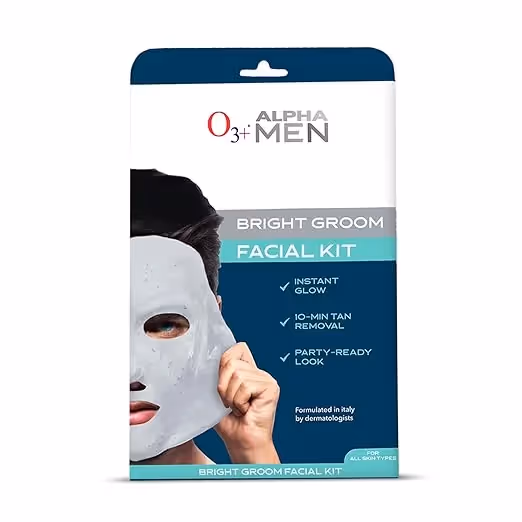 A packet of O3+ Alpha Men Bright Groom Facial Kit featuring its benefits.