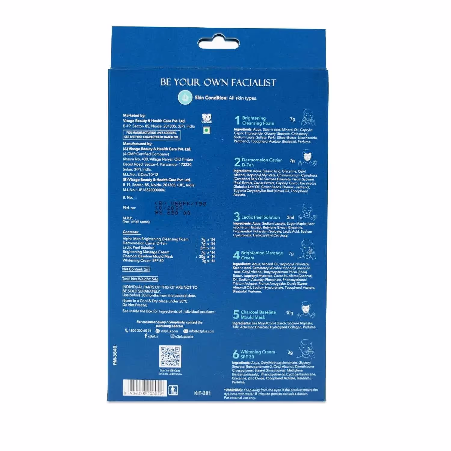 The back cover of O3+ Alpha Men Bright Groom Facial Kit packet featuring its contents.