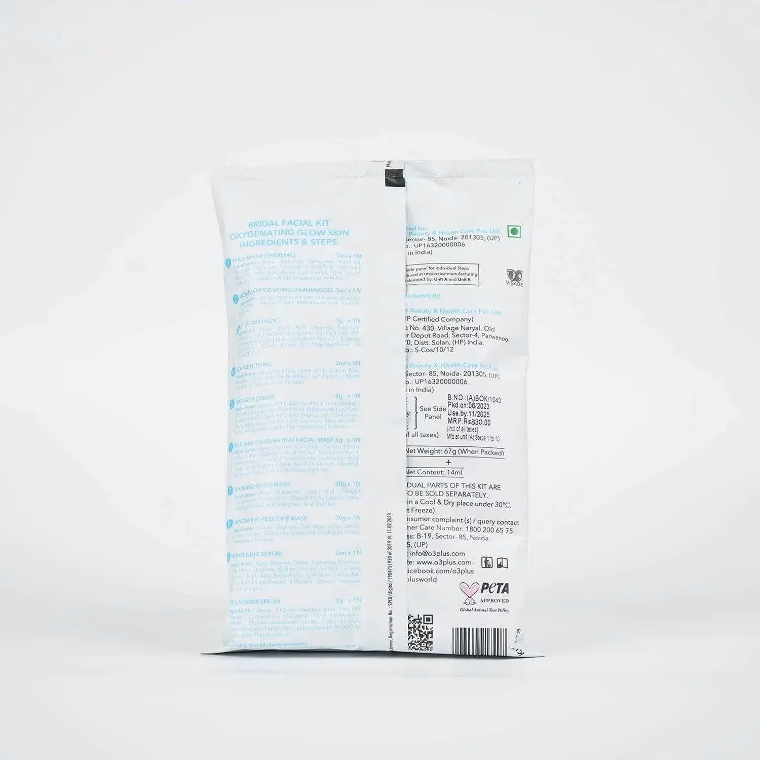 The back cover of O3+ Bridal Facial Kit packet featuring its direction of use.