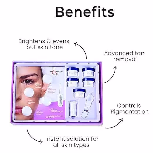 An artboard of the inside of O3+ Power Brightening Facial Kit packet featuring its benefits and individual jars.