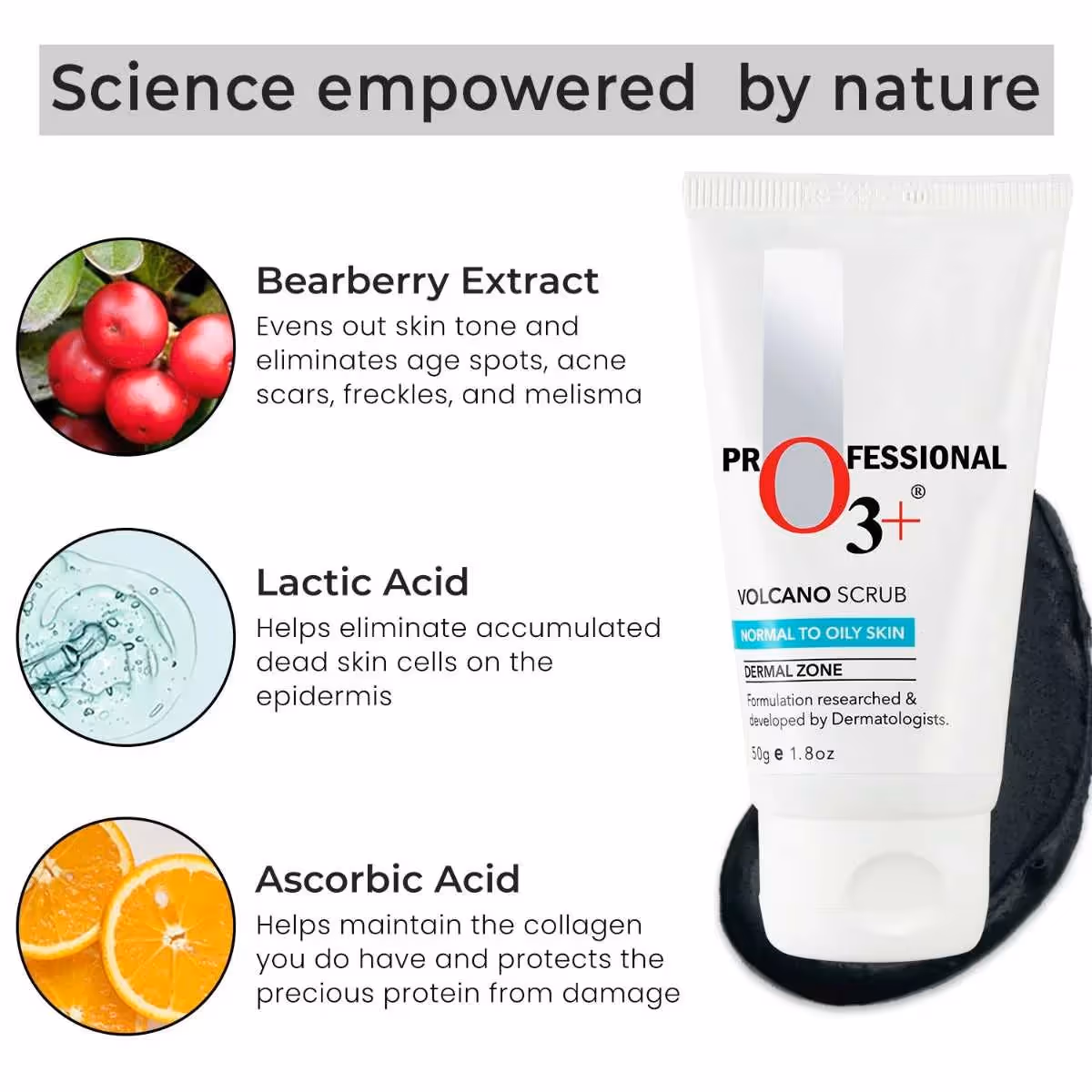 A artboard of O3+ Volcano Scrub featuring its ingredients and their benefits.