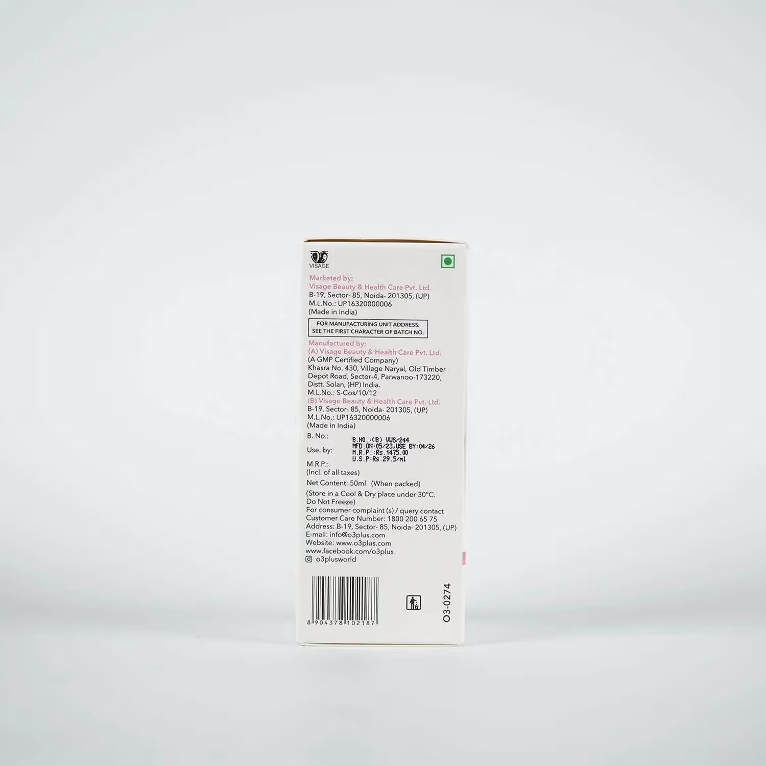 The back cover of O3+ Whitening Serum Brightening & Glow Boosting botttle.