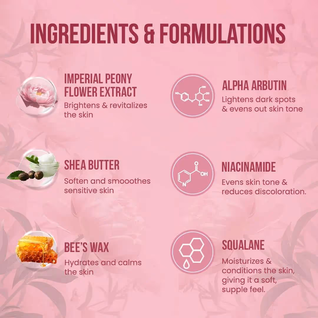 An artboard of FLAW-LESS LightenUp Smooth Radiance Clarifying Day Cream ingredients and its benefits.