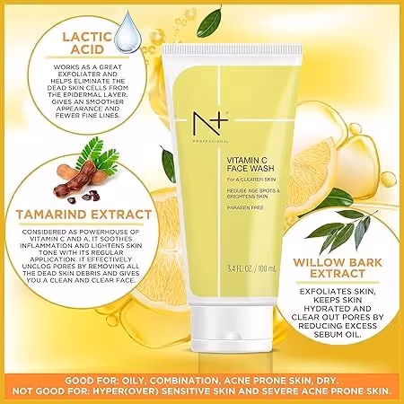 An artboard of N+ Professional Vitamin C Face Wash featuring its ingredients.