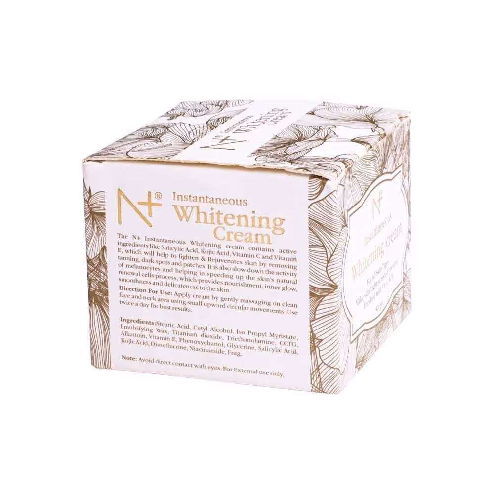 The outer cover of N+ Professional Instantaneous Whitening Cream side cover featuring its unique features.