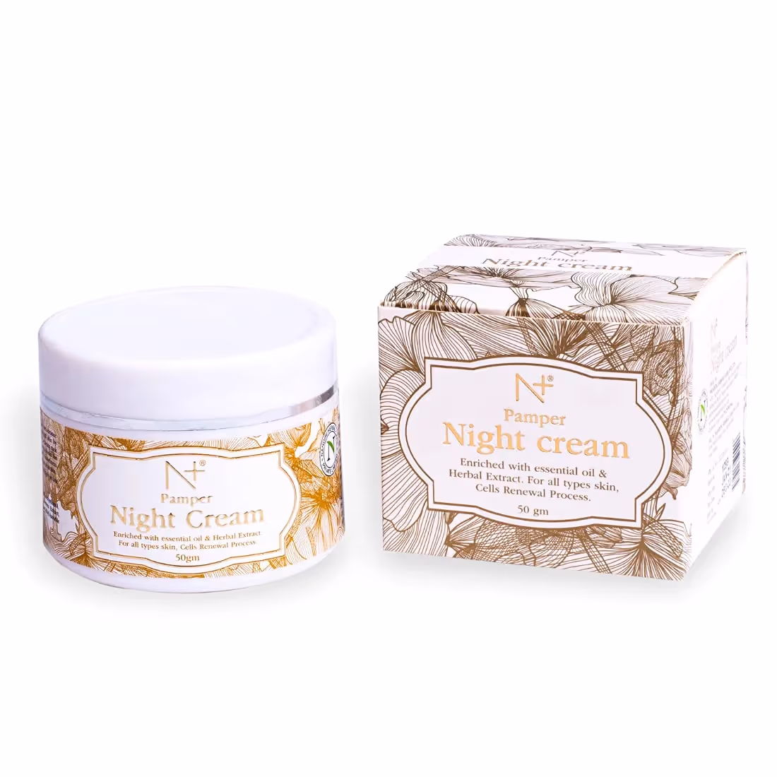 A jar of N+ Pamper Night Cream alongside its outer cover.