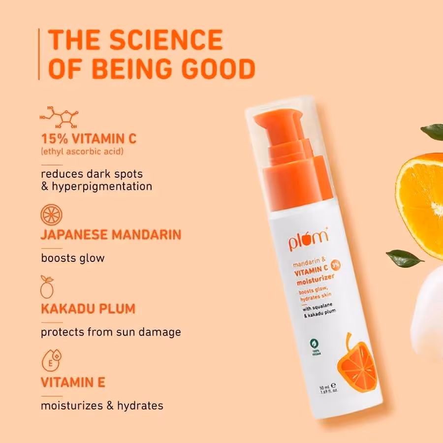 An artboard of Mandarin 3% Vitamin C Moisturizer enlisting its unique features.