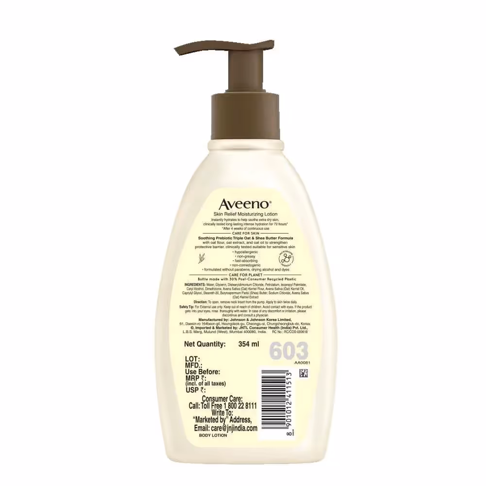 The back cover of Aveeno Skin Relief Moisturizing Lotion featuring its ingredients.