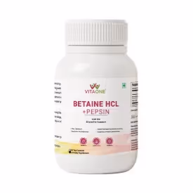 A box of VitaOne Betaine HCL & Pepsin capsules featuring its benefits & unique features.