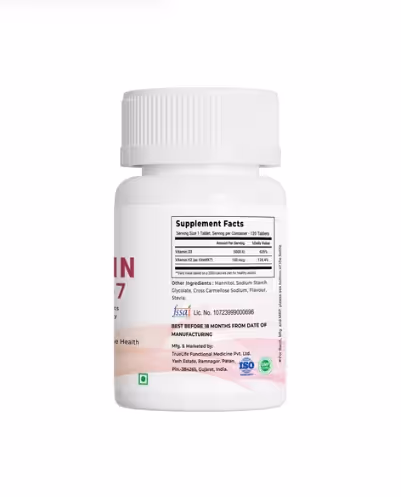 The back cover of VitaOne VITAMIN D3 + K2-7 capsule box enlisting its ingredients.