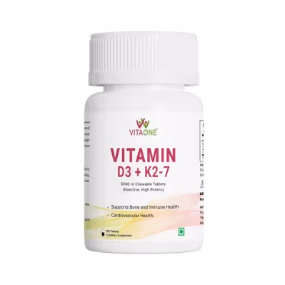 A box of VitaOne VITAMIN D3 + K2-7 capsules featuring its benefits.