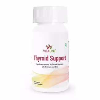 A box of VitaOne Thyroid Support capsules featuring its benefits.