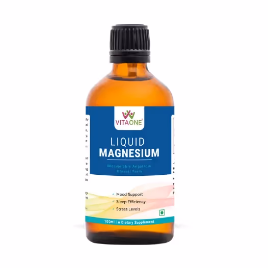 A glass bottle of 100ml VitaOne Liquid Angstrom Magnesium featuring its benefits.