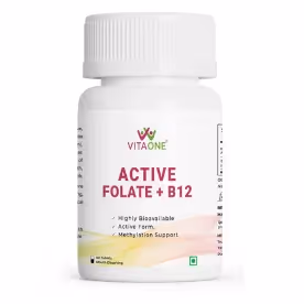 A box of VitaOne Active B12 Folate capsules featuring its ingredients.