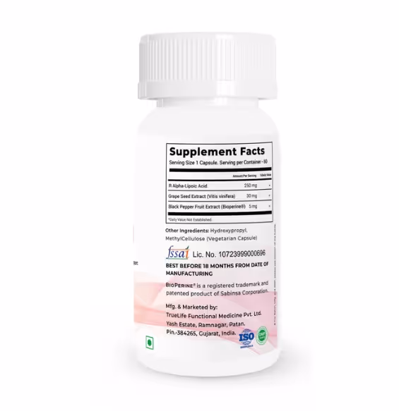 The back cover of Vitaone Alpha R Lipoic Acid box enlisting its ingredients.