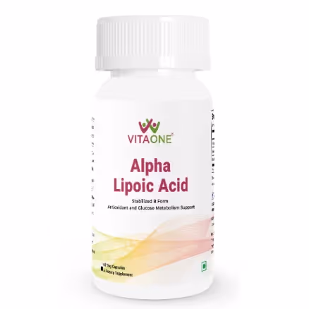 A box of Vitaone Alpha R Lipoic Acid capsules featuring its benefits.