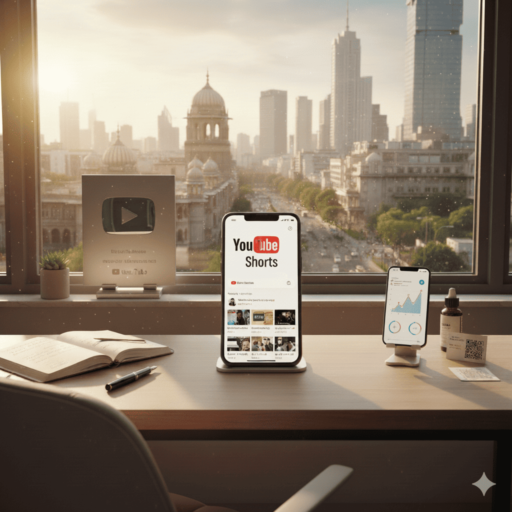 Phone with YouTube Shorts, journal, phone, and product on a workspace in an urban Indian setting.