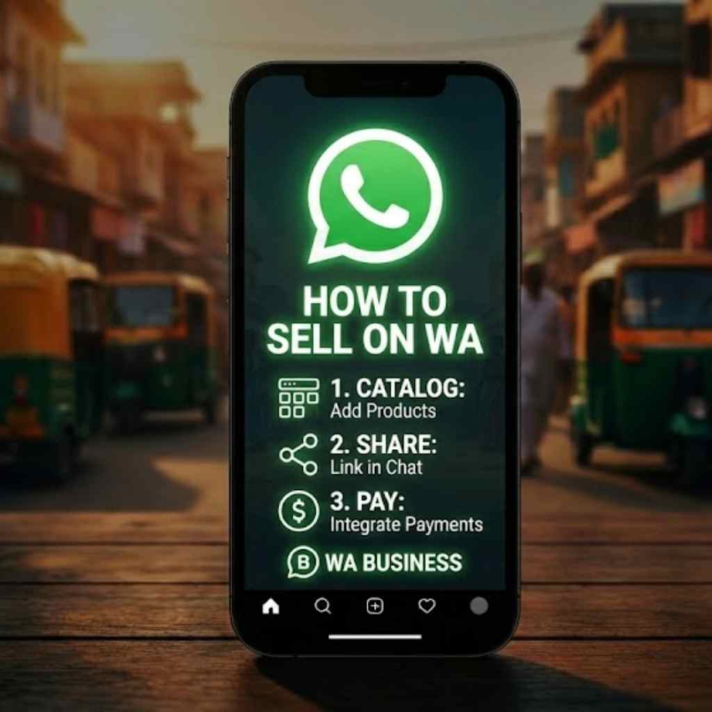WhatsApp marketing interface with chat options and icons.