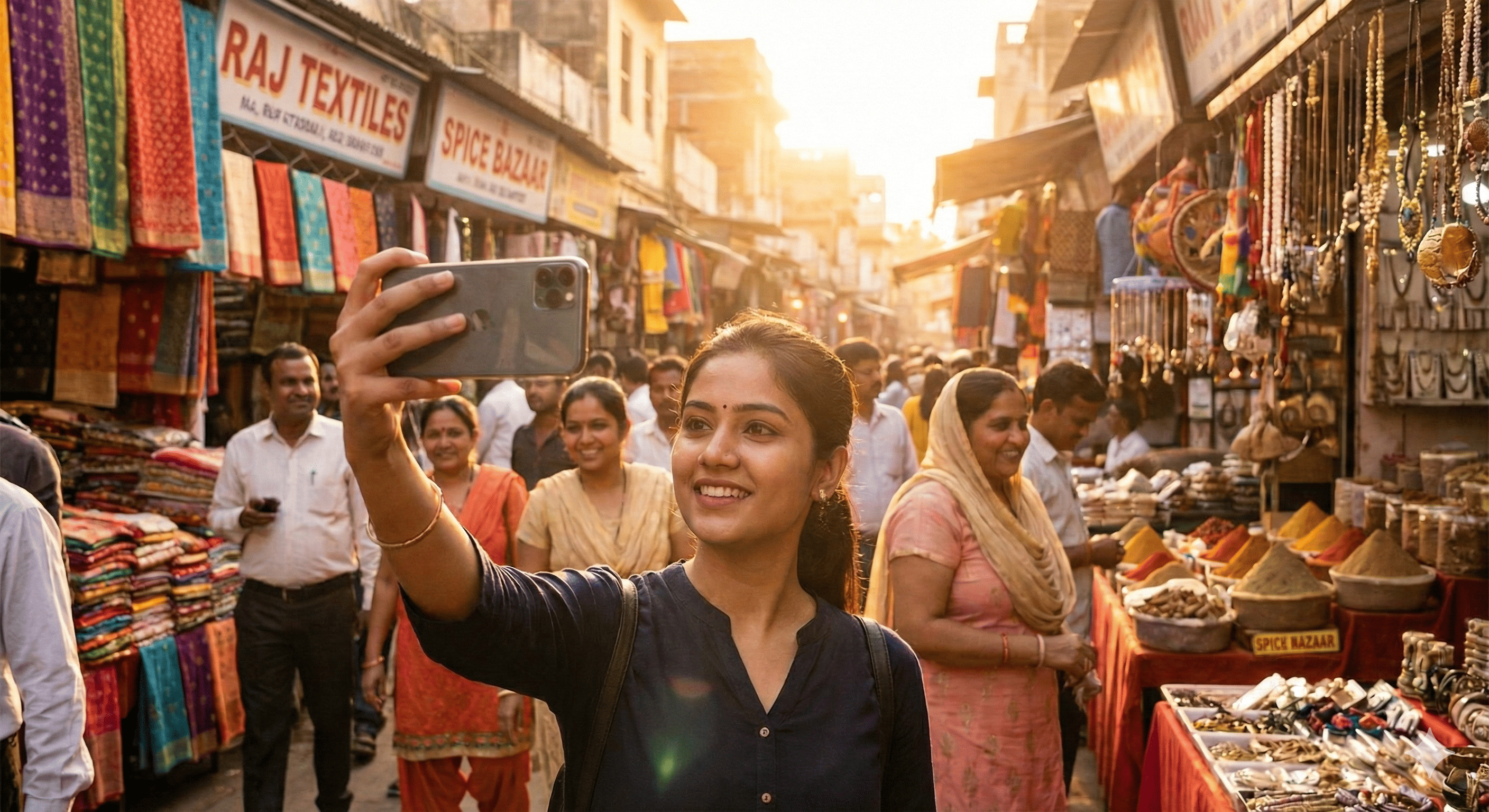 Indian influencer walking happily while recording a Facebook Reel.