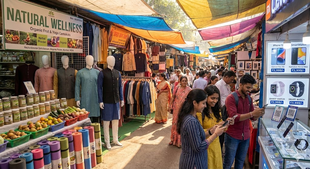A busy Indian market scene featuring a natural wellness stall next to a modern electronics shop with shoppers using smartphones under colorful canopies.