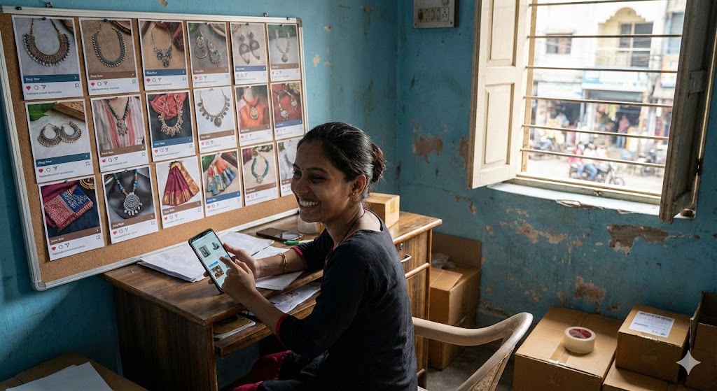 indian woman in a small home office using a smartphone to manage her online jewellery store, with printed social media product posts pinned on the wall and delivery boxes around her.
