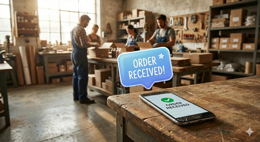 smartphone on a workshop table showing an order received notification, with factory workers packing products in the blurred background